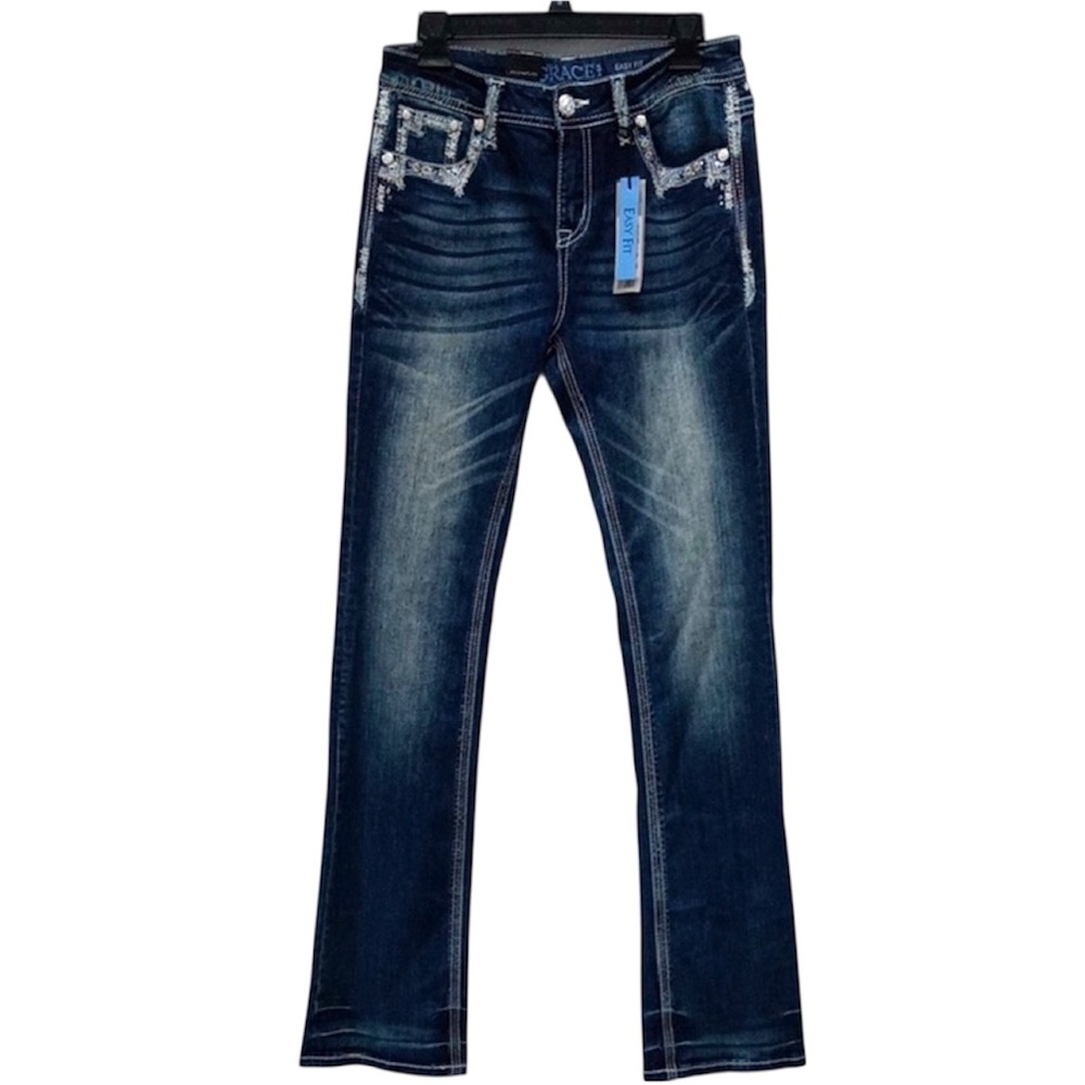 Grace In La NWT Bling Embroidery Dark Wash Distressed Easy Fit Bootcut Jeans